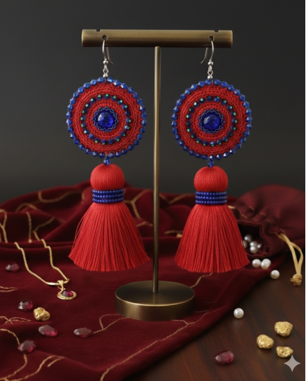 Háčkované dizajnové náušnice "Kráľovská červená"